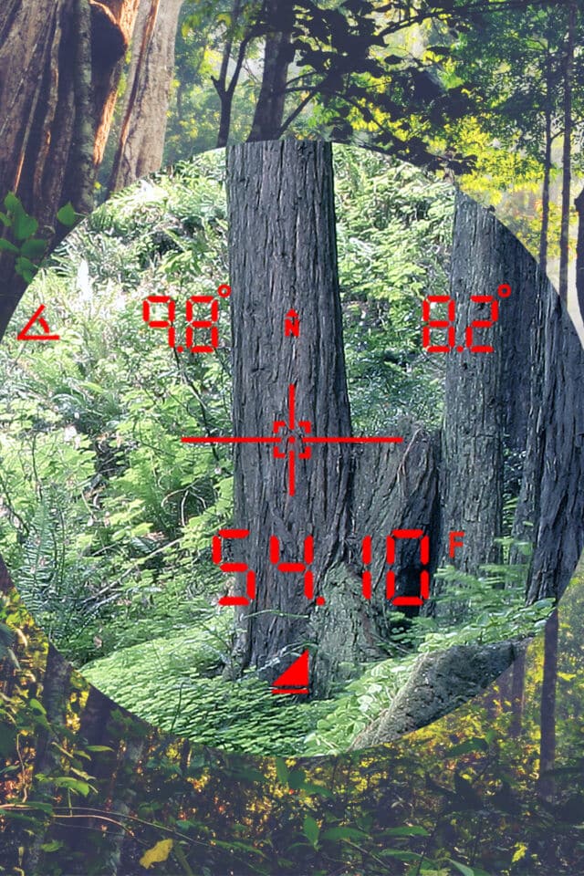 TruPulse 360i user measures a 54.1 foot horizontal distance to a nearby tree. <yoastmark class=