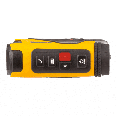 The TruPulse 360i's right navigation button highlighted in red.