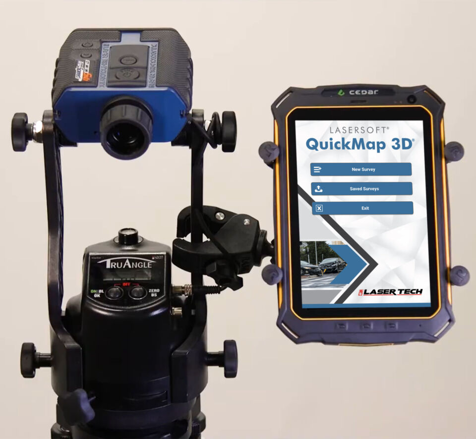 Laser Tech's TruSpeed Sxb forensic mapping kit for crash investigation and reconstruction, equipped with QuickMap 3D.